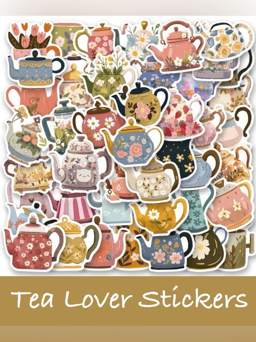 50 Piece Tea Lover Vinyl Sticker Set - Assorted Floral Teapot Designs